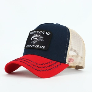Vintage navy and red baseball trucker cap with embroidered 'Fish Fear Me' patch