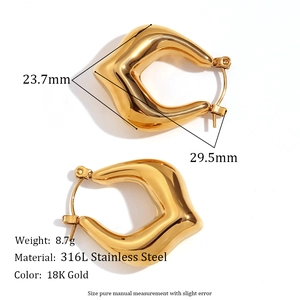 Close-up of geometric hollow hammered texture earrings in 18K gold plated stainless steel