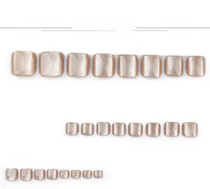 Detailed set of cat-eye champagne pink press-on toenails in various sizes on white background