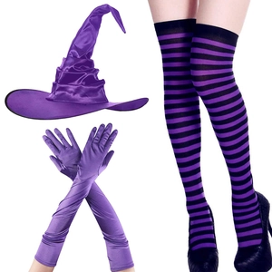 Halloween witch set featuring a pleated hat, satin gloves, and purple striped stockings