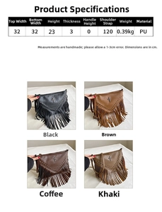 Tableau détaillé du sac à franges en similicuir avec dimensions et quatre coloris