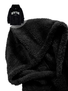 Detail view of black fleece hoodie with white New York and Cheerful graphic print textures