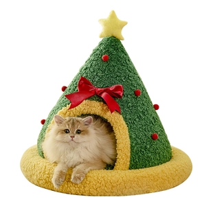 Cuccia per gatti a forma di albero di Natale in morbido peluche con decori festivi