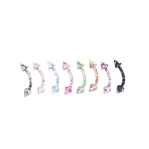 Set of 8 curved stainless steel eyebrow rings with multi-color spotted cone ends