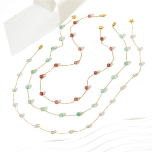 Y-shaped natural stone necklaces with strawberry quartz beads and gold heart pendant