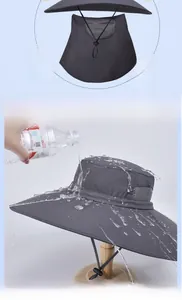 Water-repellent wide brim sun hat with neck protection showing waterproof fabric detail