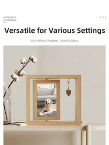 Rotating light wood photo frame with a hanging heart pendant for home decor