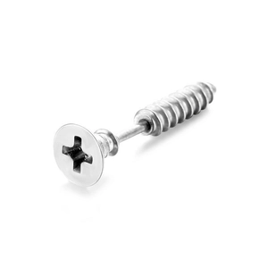 Macro shot of silver stainless steel screw earring showing detailed threads and metallic finish