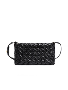 Classic black woven crossbody bag for women with leather texture and thin shoulder strap