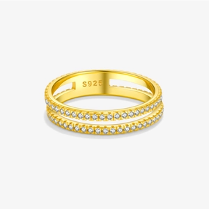 925 Sterling Silver Ring Double Layer Double Row Pavé White Cubic Zirconia Trendy Minimalist Finger Jewelry For Women