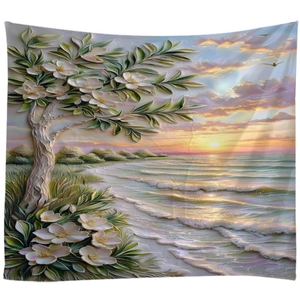 Detalle de tapiz con efecto 3D que muestra un atardecer de playa con relieves florales