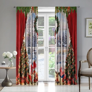 Detail showing a Christmas themed double-opening curtain with a snow window and festive tree