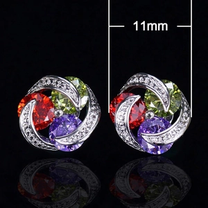 Chic 11mm floral cluster earrings featuring red green and purple stones in silver casing