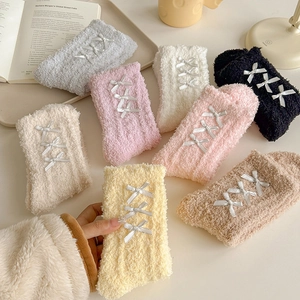 Women Acrylic Coral Fleece Winter Warm Sleep Socks Sweet Plush Bow Decor Home Floor Socks Thickened Thermal Crew Socks