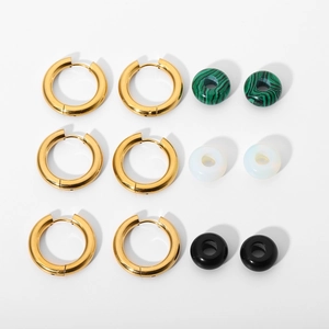 18K gold plated stainless steel hoop earrings set with green, white, and black stone beads
