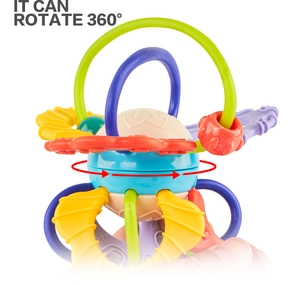 Detail view of colorful Manhattan teether rattle with a 360 degree rotating center ball