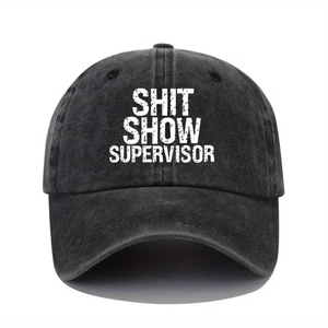 Detail of Shit Show Supervisor print on black washed cotton canvas baseball cap
