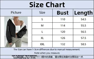 Size chart for black fuzzy zip jacket showing bust and length from size S to XXL