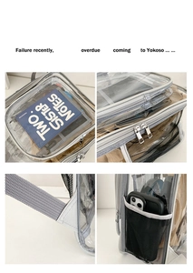 Dettaglio dello zaino in PVC trasparente con bordo grigio rinforzato e tasche a rete