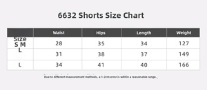 Size chart for seamless athletic shorts detailing waist, hip, and length measurements