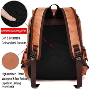 Brown PU leather laptop backpack with breathable mesh back and padded shoulder straps