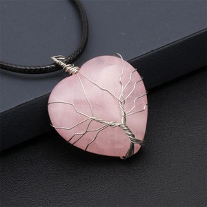 Vintage life tree wire wrapped heart rose quartz pendant necklace with black leather cord