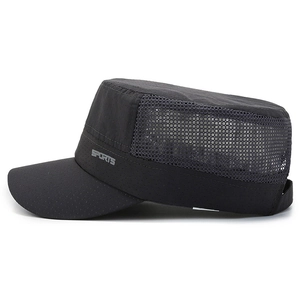 Men's breathable mesh military flat top cap in black with sports lettering