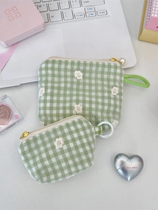 Floral embroidered green checkered cosmetic bag set with pearl zipper and gold hardware