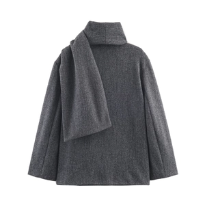Back view of gray wool coat with unique scarf collar design in a minimalist style