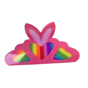 Pink acetate cloud-shaped hair claw clip with colorful rainbow heart pattern design