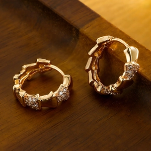 Detail of gold-plated hoop earrings with sparkling cubic zirconia on a wooden background