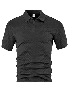 Close-up of the 3D geometric jacquard texture on this casual short sleeve polo shirt
