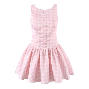 Pink and white plaid sleeveless mini dress with button front detailing on white background