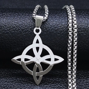 Silver Celtic knot clover pendant with box chain on black leather background