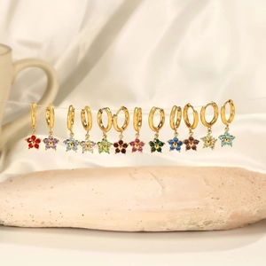Set of 12 pairs of colorful flower zircon drop earrings in gold stainless steel