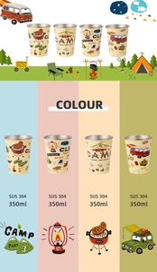 Detailed view of four 350ml SUS 304 stainless steel camping cups with outdoor graphics