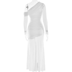 Detail of white one-shoulder mesh splicing dress with ruched body and sheer maxi skirt