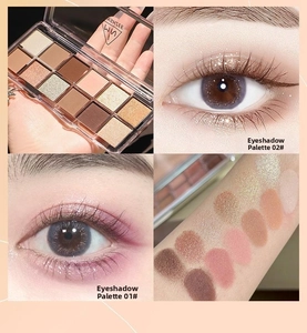 Close-up of 10-color eyeshadow palette with matte and shimmer shades and arm swatches