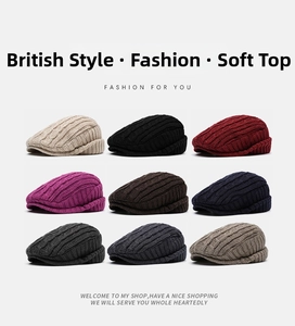 Detail showing 9 color options of knitted newsboy caps with textured rib pattern