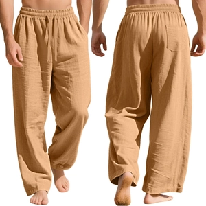Men's loose fit cotton linen straight leg trousers with drawstring in khaki color