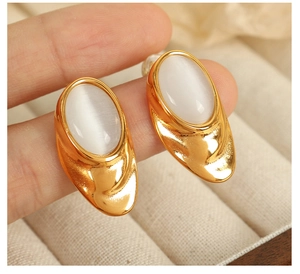 Detailed macro shot of elegant 18k gold plated earrings featuring white opal stones