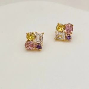 Luxurious multi-color zircon stud earrings with gold plating in a diagonal composition