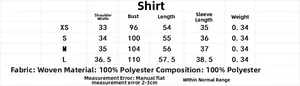 Detailed size guide and material composition table for the embroidered women's shirt