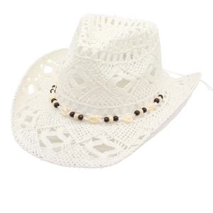 White hollow crochet cowboy hat with shell decorative band and curved brim for summer