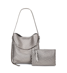 Silver woven PU leather tote and clutch set with high-capacity bucket bag design