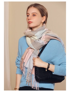 Detail of plaid faux cashmere scarf with tassels, styled with a soft knit sweater