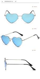 Multi-angle view of silver heart-shaped sunglasses with blue reflective mirror lenses