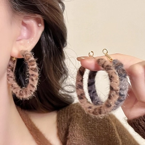 Boucles D'oreilles Créoles En Fausse Fourrure Léopard Avec Tige En Argent Sterling 925 Vintage Rond Automne Hiver Femme