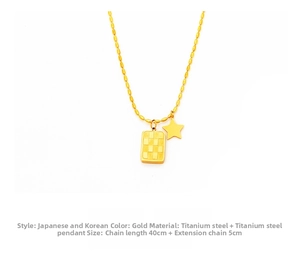 Detail of gold titanium steel necklace featuring star and checkered square pendants