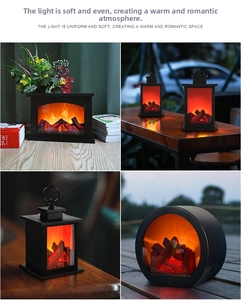 Detail view of four LED flameless fireplace lanterns with realistic glowing wood coal effect